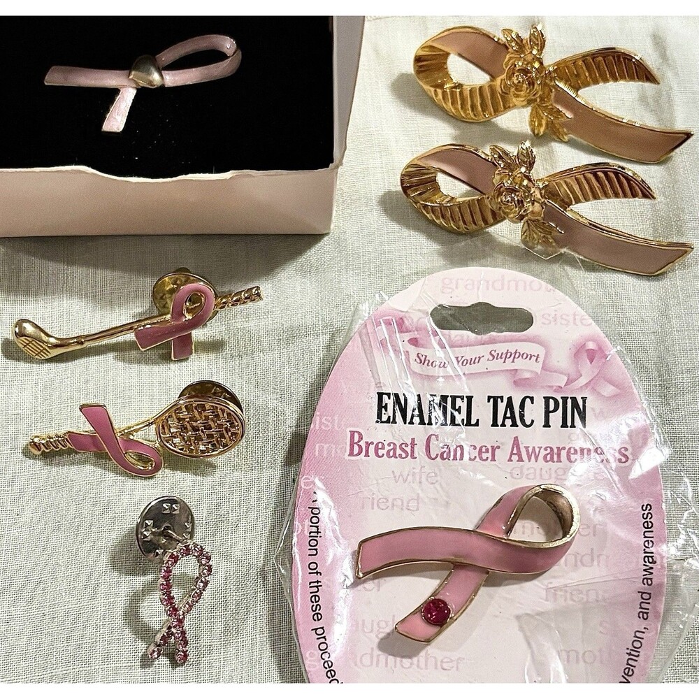 Lot 7 Breast Cancer Awareness Pink Ribbon Pins Brooch Gold Tone Crystal Enamel